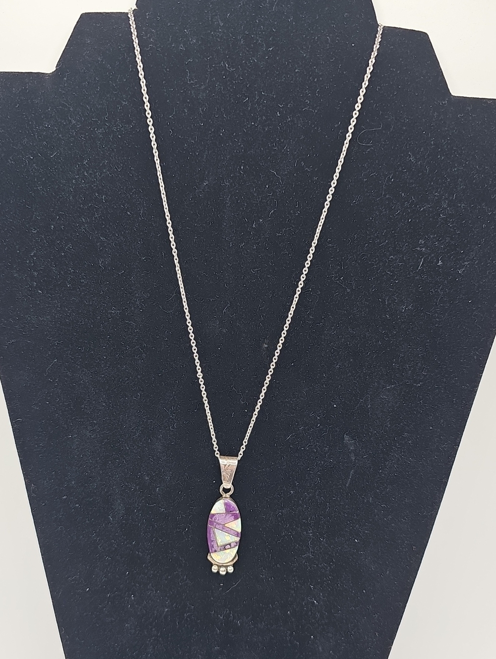Sterling Silver By CALVIN BEGAY Purple SPINY Inlay OPAL Pendant Necklace